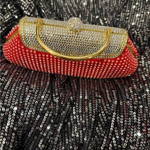 Crystal-Embellished Red and Gold Evening Clutch